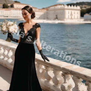 Gothic gown, stunning backdrop.