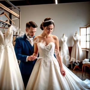 Tailor adjusting bridal gown