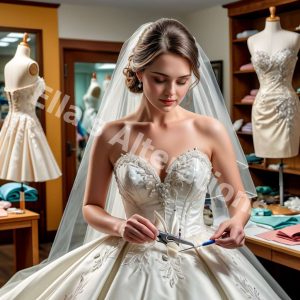 Tailor adjusting bridal gown