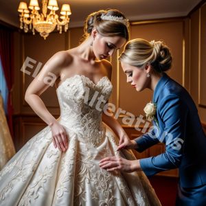 Tailor pinning wedding gown