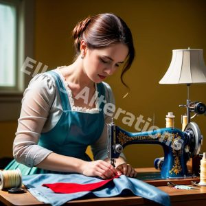 Seamstress sewing elegant dress.