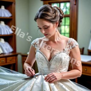 Tailor adjusting wedding gown