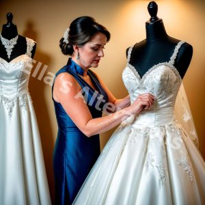 Tailors adjusting wedding dress