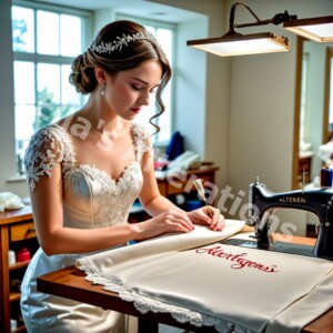 Tailor adjusting wedding gown