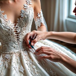 Tailor adjusting bridal gown