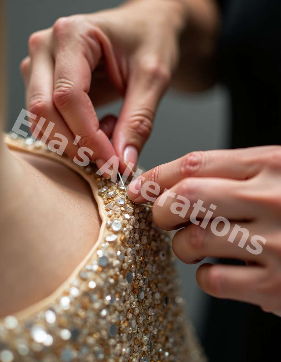beaded dress alterations Champagne Satin Evening Dress Fit Flare Long Sleeve Party Formal Dress –  Rosymae main image 1