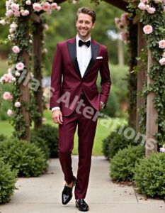Burgundy suit wedding perfection