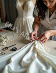 Seamstress adding train extension