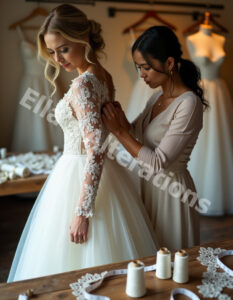 Bride reviewing dress alterations