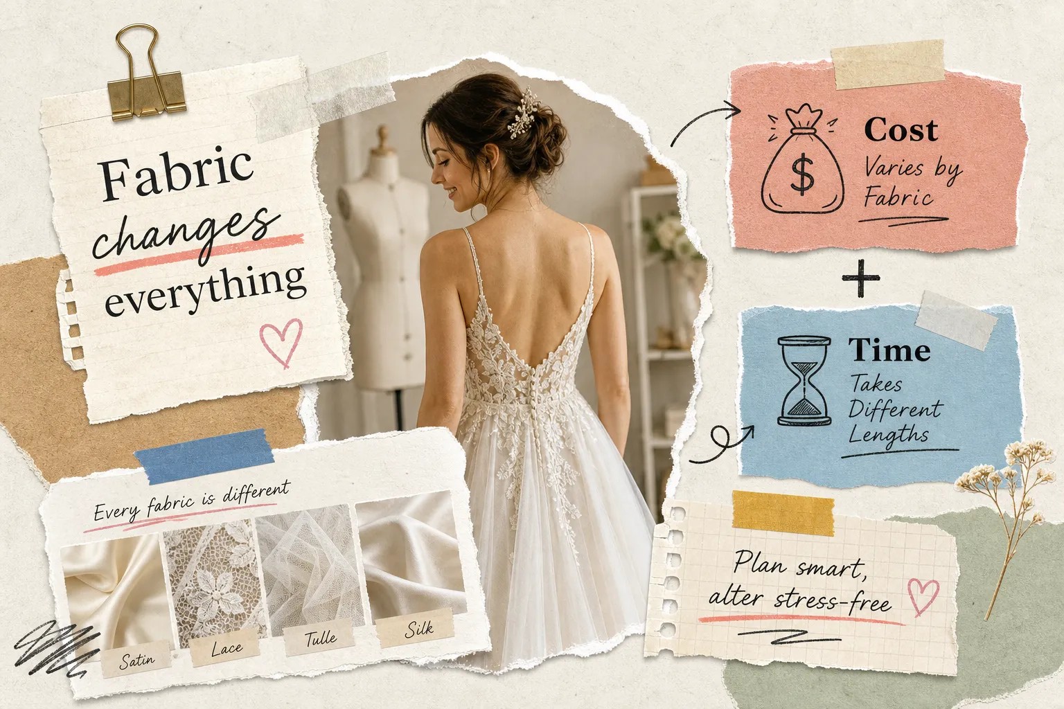 How wedding dress fabric affects alteration cost and time